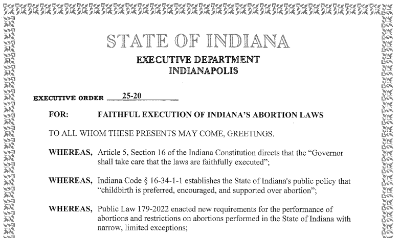 Gov. Mike Braun Signs Executive Order “Faithful Execution of Pro-Life Laws” 